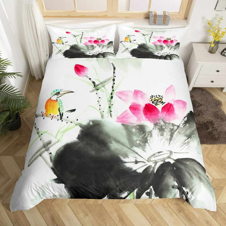 Lotus And Leaf Duvet Cover Full Ink Painting Style Bedding Set For Teen Girls Women Watercolor Bird Comforter Cover Black White Pink Oriental Theme