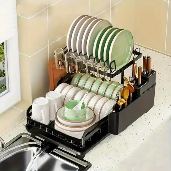 2-Tier Dish Drying Rack for Kitchen Counter - Large Collapsible Dish Rack with Drainboard, Rustproof & Non-Slip Design, Space Saving Dishwasher Rack Dish Drainer -Black