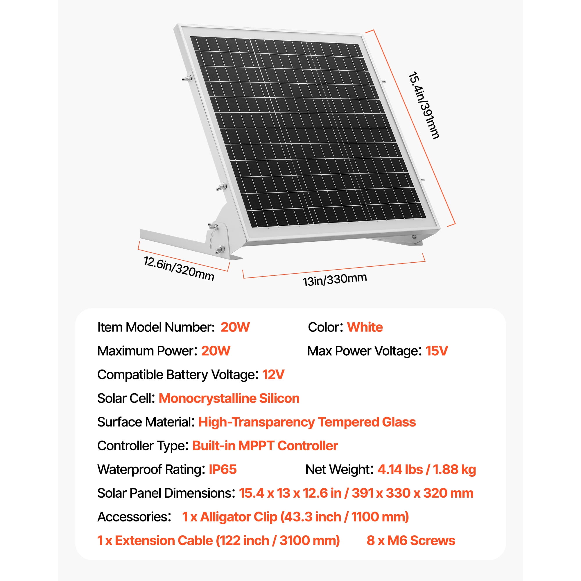 KFFKFF 20W 12V Solar Panel Charger with MPPT Controller, Adjustable Mount Bracket, and IP65 Waterproof Design for Cars, Boats, RVs, and Roof Installations
