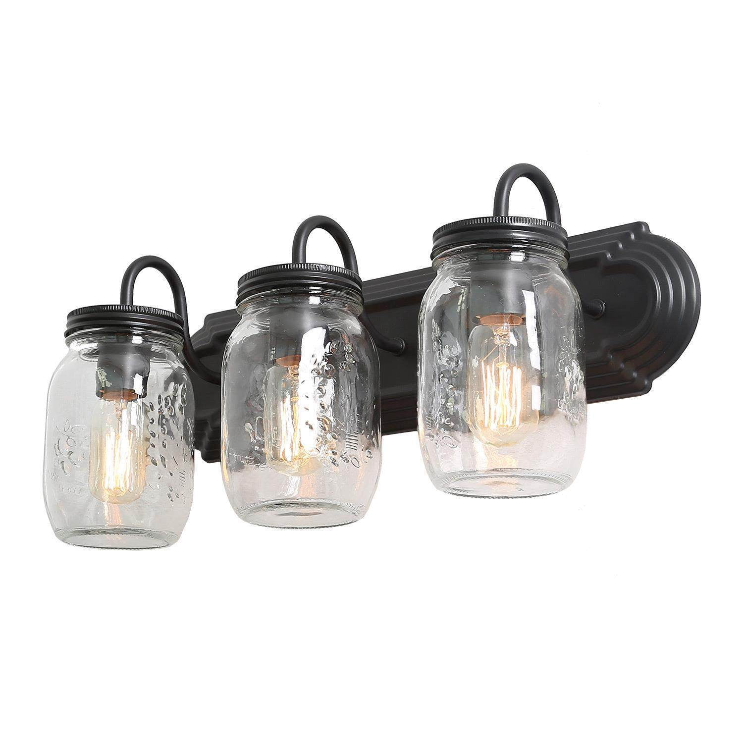 LNC 3-Light Black Geometric Clear Mason Jar Glass Shade Modern Bathroom Vanity Light