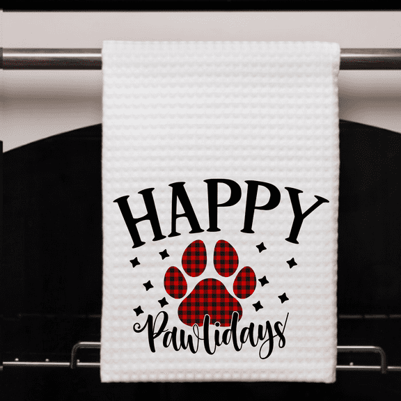 Happy Pawlidays Christmas Dish Towel Absorbent Waffle Weave 16x24 Dog Lover Décor