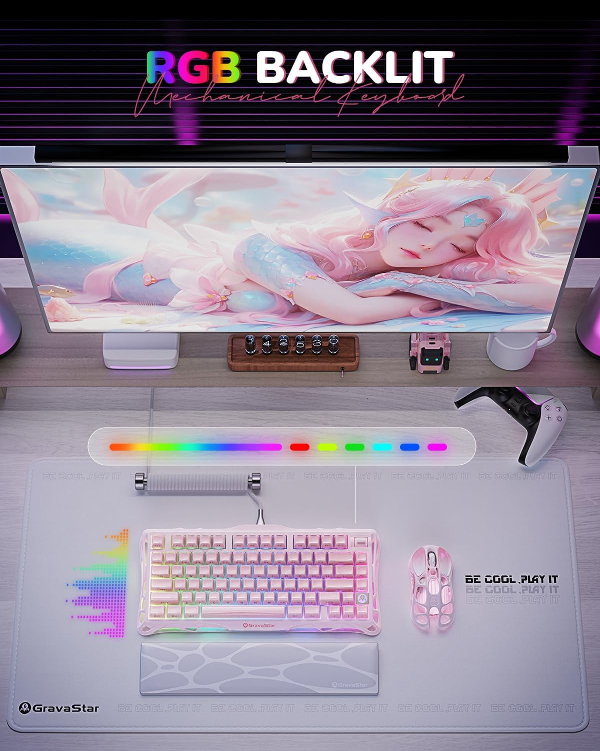 GravaStar Mercury K1 75% Wireless Mechanical Keyboard, Gasket Mount, 8000mAh Battery, Kailh Cherry Pink Linear Switches, RGB Lighting - Sakura Pink