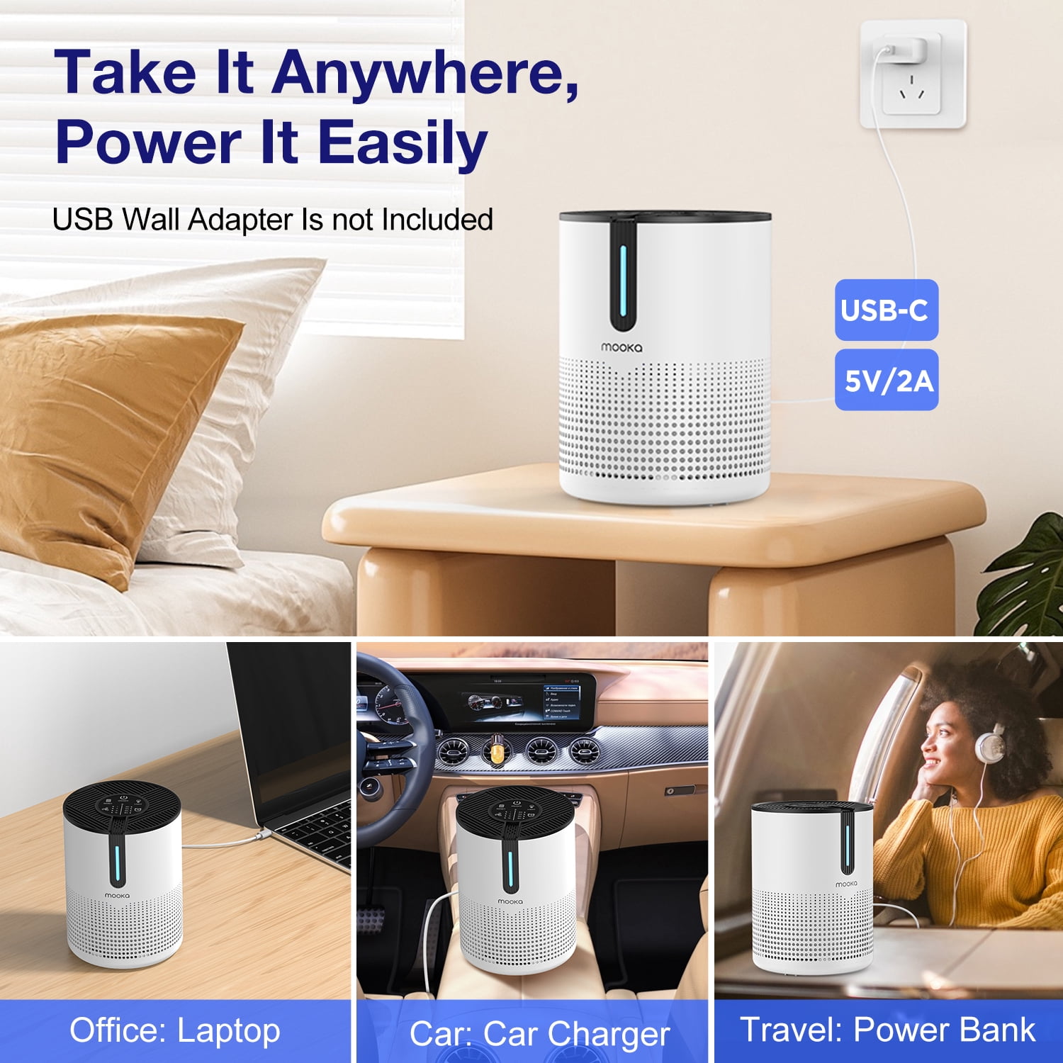 MOOKA 475 sq ft air purifier, filter, convenient energy-saving, silent operation air purifier, can remove odors, dust, mold, household, allergies, smoke