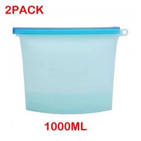 Reusable Silicone Food Storage Bags - Airtight Food Preservation Container for Vegetables, Meat, Fruit & More (Blue, 1000 mL) (2 Pack)