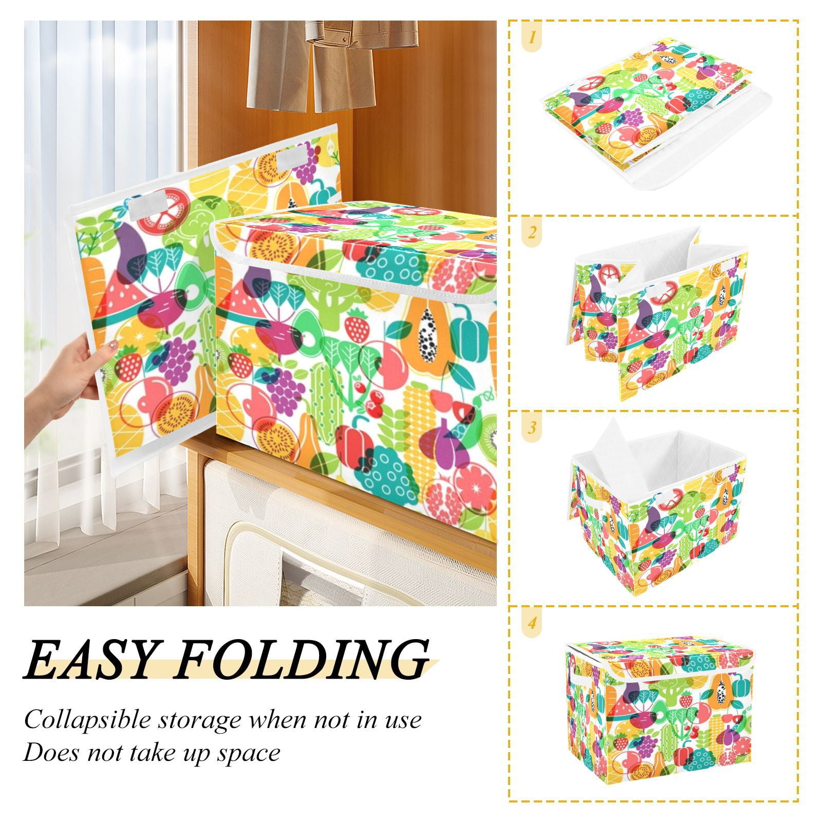 Colorful vibrant fruit vegetable pattern Large Toy Box Chest Storage with Flip-Top Lid, Collapsible Storage Boxes Container Bins for Toys, Playroom Organizers