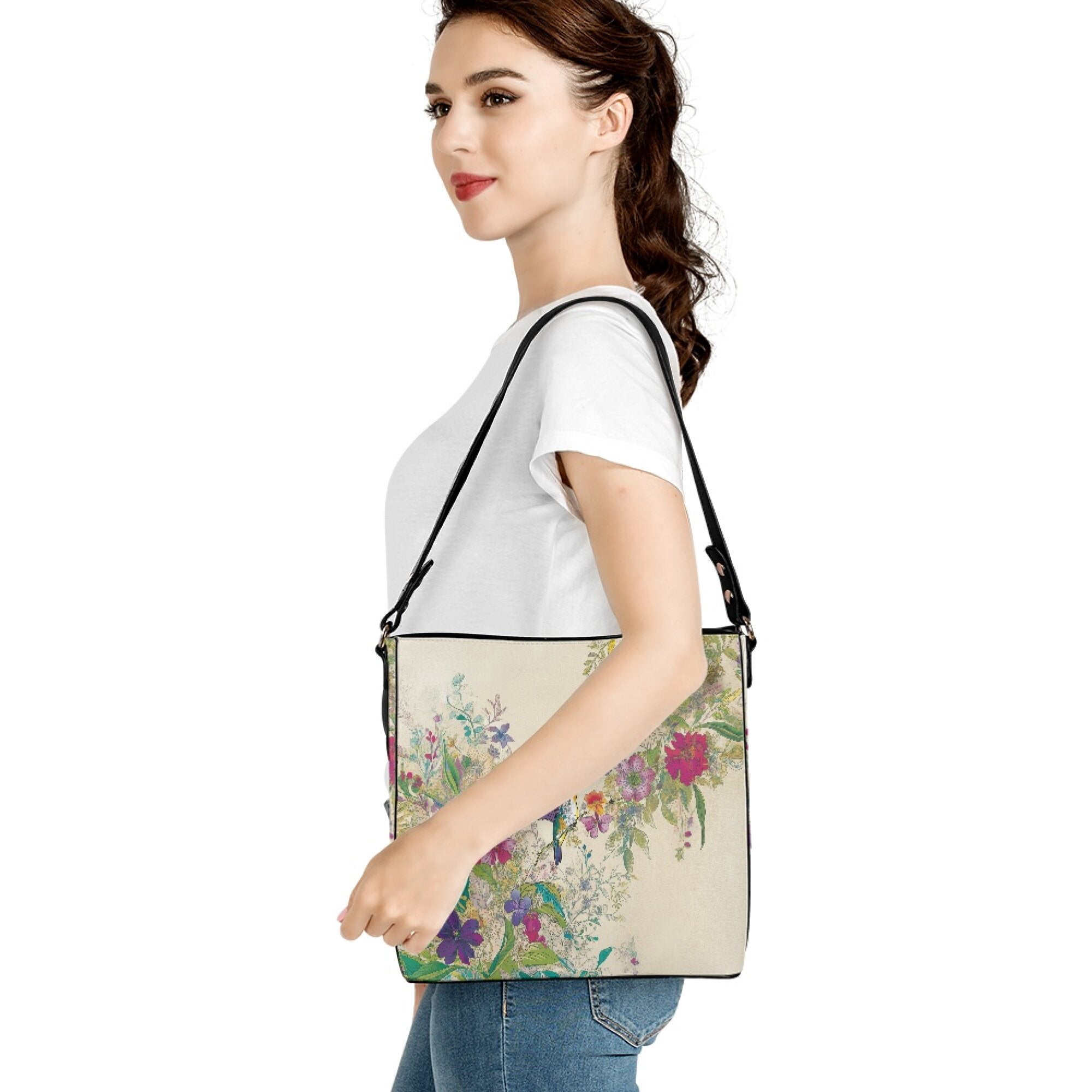 Kuiaobaty Hummingbird Flower Print Crossbody Bag for Women, Large Capacity Vegan Leather Shoulder Purse with Adjustable Strap, Casual Durable Bucket Tote Bag Handbag Crossbody for Travel