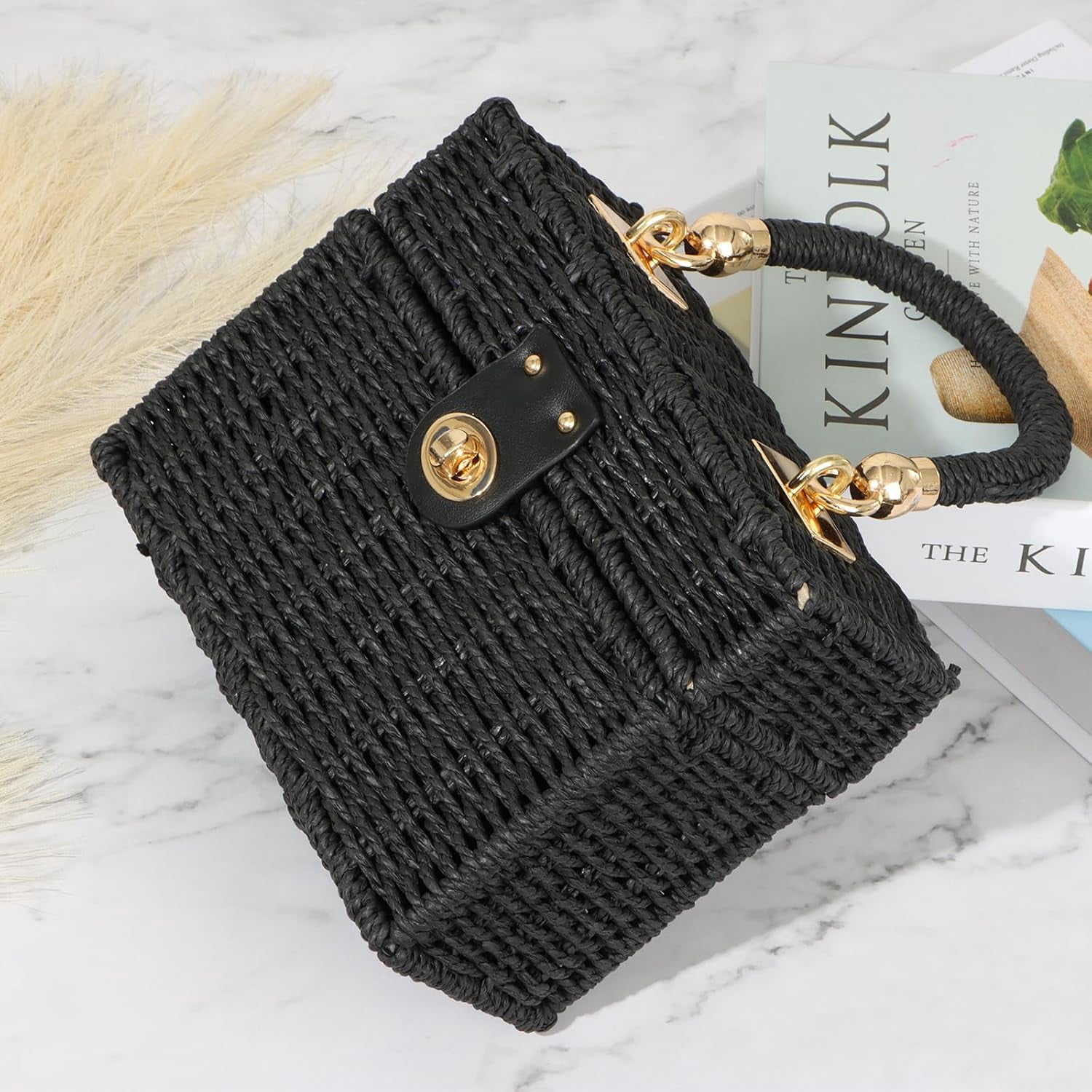 Women Handwoven Rattan Handbag Beach Straw Tote Bag Square Boho Crossbody Bag