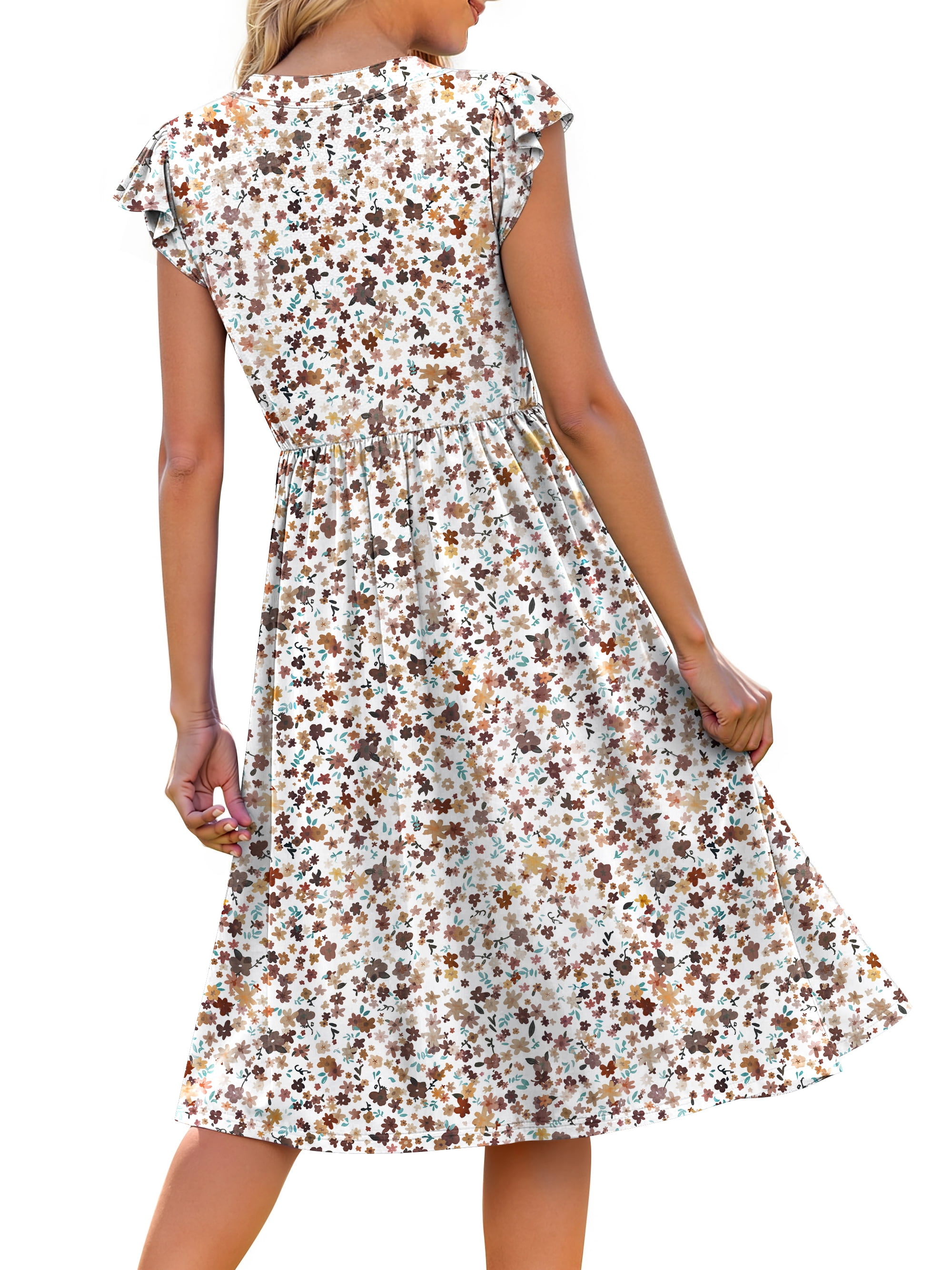 Fantaslook Summer Dresses for Women Ruffle Sleeve V Neck Midi Dresses Fashion Casual Flowy Vacation Sundress