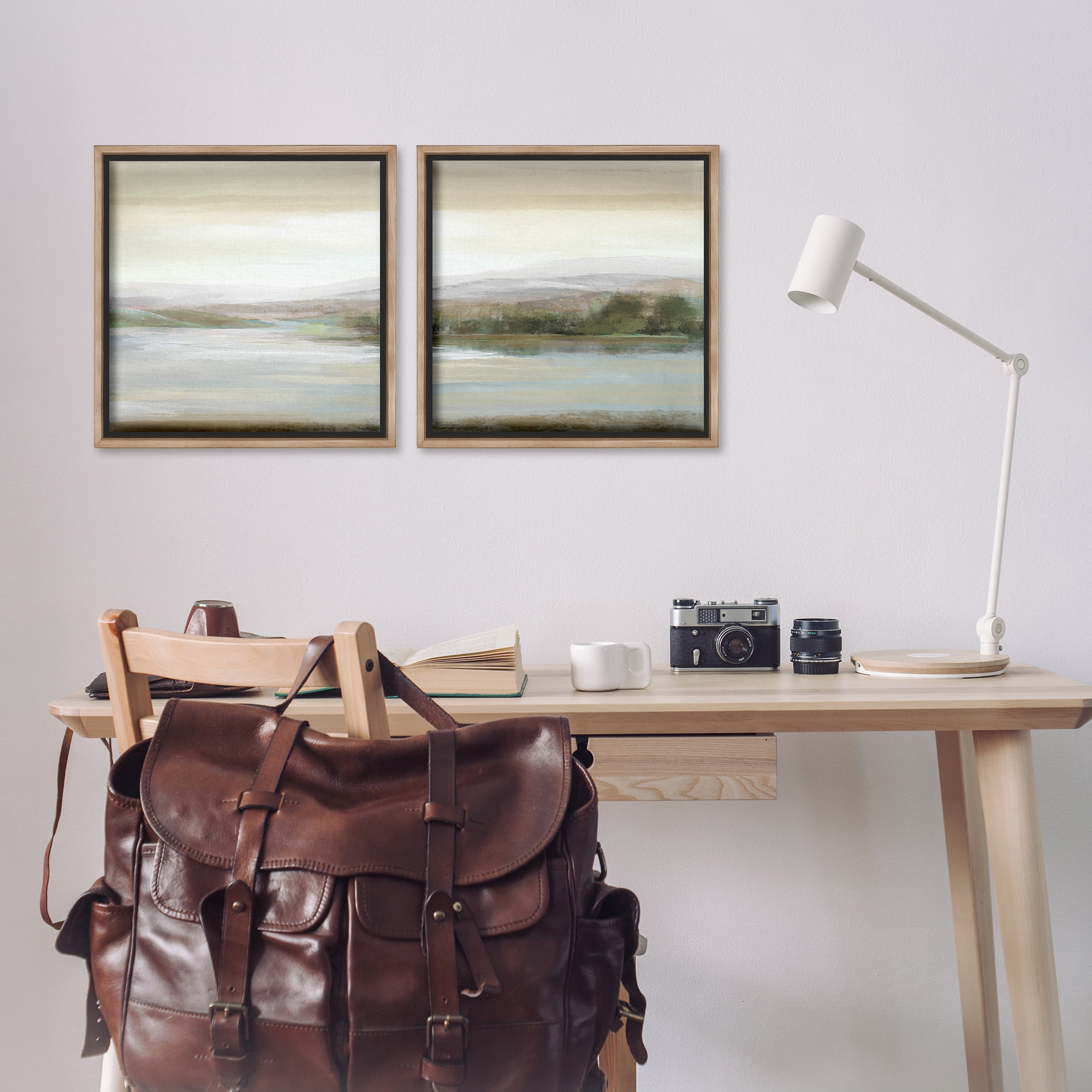 Stupell Industries Abstract Lakeside Landscape Landscape & Nature Painting Brown Floater Framed Canvas Art Print Wall Art, 18 x 18, Set of 2