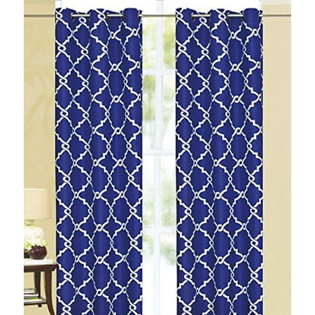 Navy And White Curtains Diamond Chain Print Thermal Insulated 100% Blackout Window Grommet Curtain Panel Set of Two (2) - Navy ()