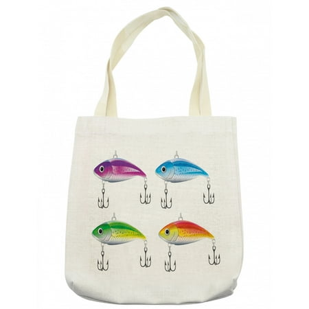 Fishing Tote Bag Composition of Fishing Lures in Trout Shape Trap for Sea Mammals Creatures Picture Cloth Linen Reusable Bag for Shopping Books Beach and More 16.5 X 14 Cream by Ambesonne