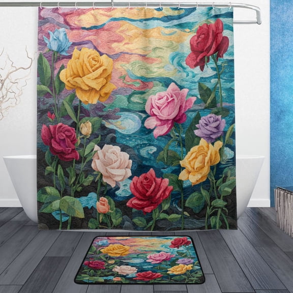 TTYFWHD 60" x 72" Shower Curtain and Bath Mat Set Roses in Various Colors Waterproof Bathroom Curtain with 12 Hooks, Bathroom Decor Set