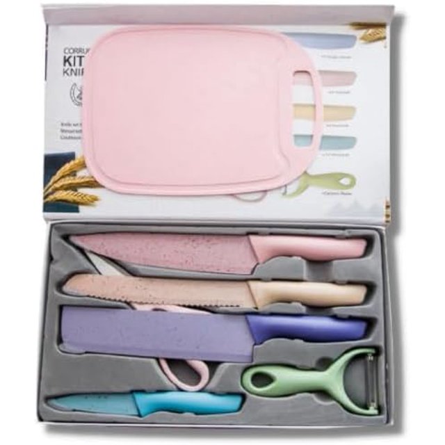 Kitchen Knife Set, 6 Pieces Colorful Kitchen Knives Set, Chopping Board, Non-Stick Coated Stainless Steel Knives Multi-Purpose Kitchen Knife Set and Chopping Boards, Colorful Kitchen Knives