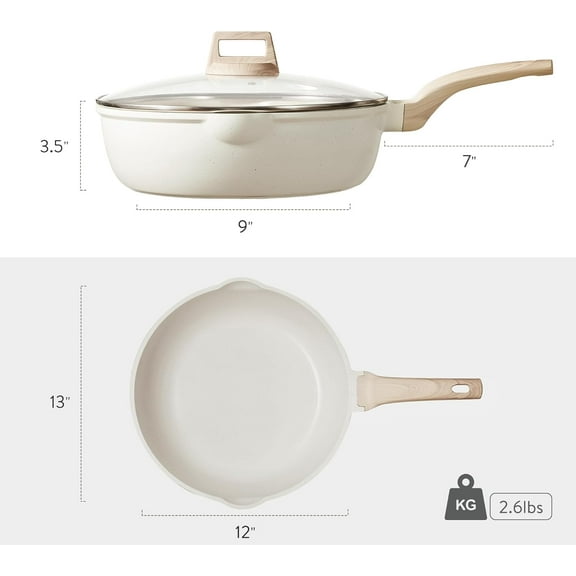 12 Inch Nonstick Deep Frying Pan with Lid, 5.5 Qt Jumbo Cooker Saute Pan with Pour Spout, Induction Cookware, PFOA  White