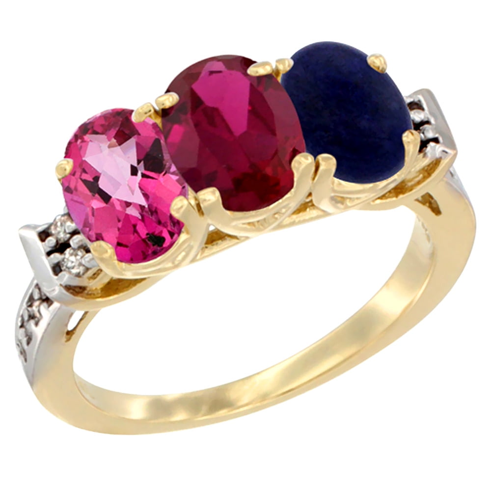 10K Yellow Gold Natural Pink Topaz, Enhanced Ruby & Natural Lapis Ring 3-Stone Oval 7x5 mm Diamond Accent, sizes 5 10 by WorldJewels