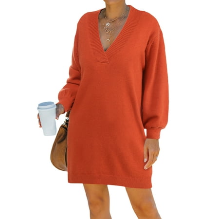 

Binpure Women Solid Color Dress Adults Casual Long Sleeve V-neck Knit One-piece