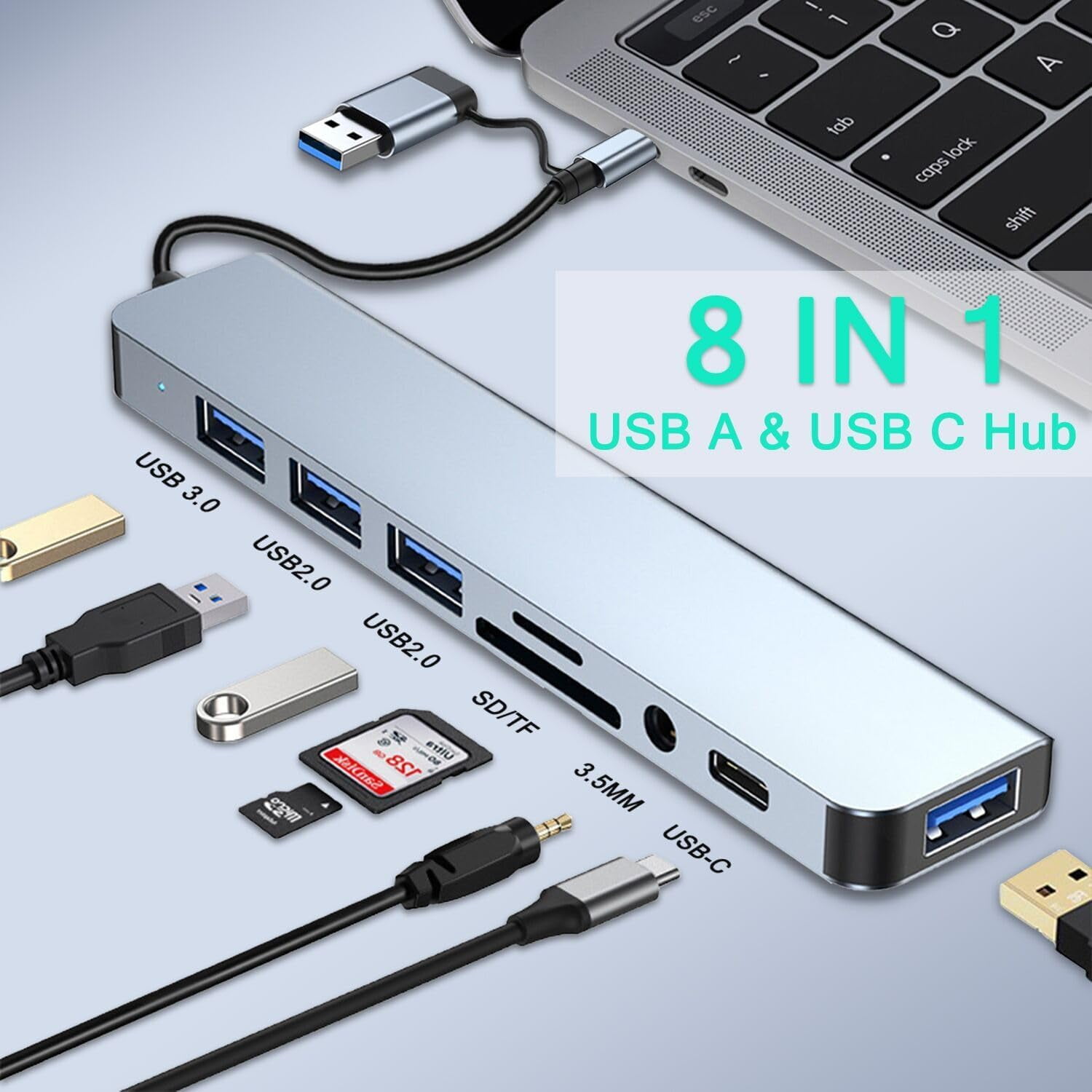USB C Hub USB Hub 3.0, Aluminum 8 in 1 USB Extender with SD/TF , 3.5mm Aux Headphone Jack for MacBook Pro Air and More PC/Laptop/Tablet Devices