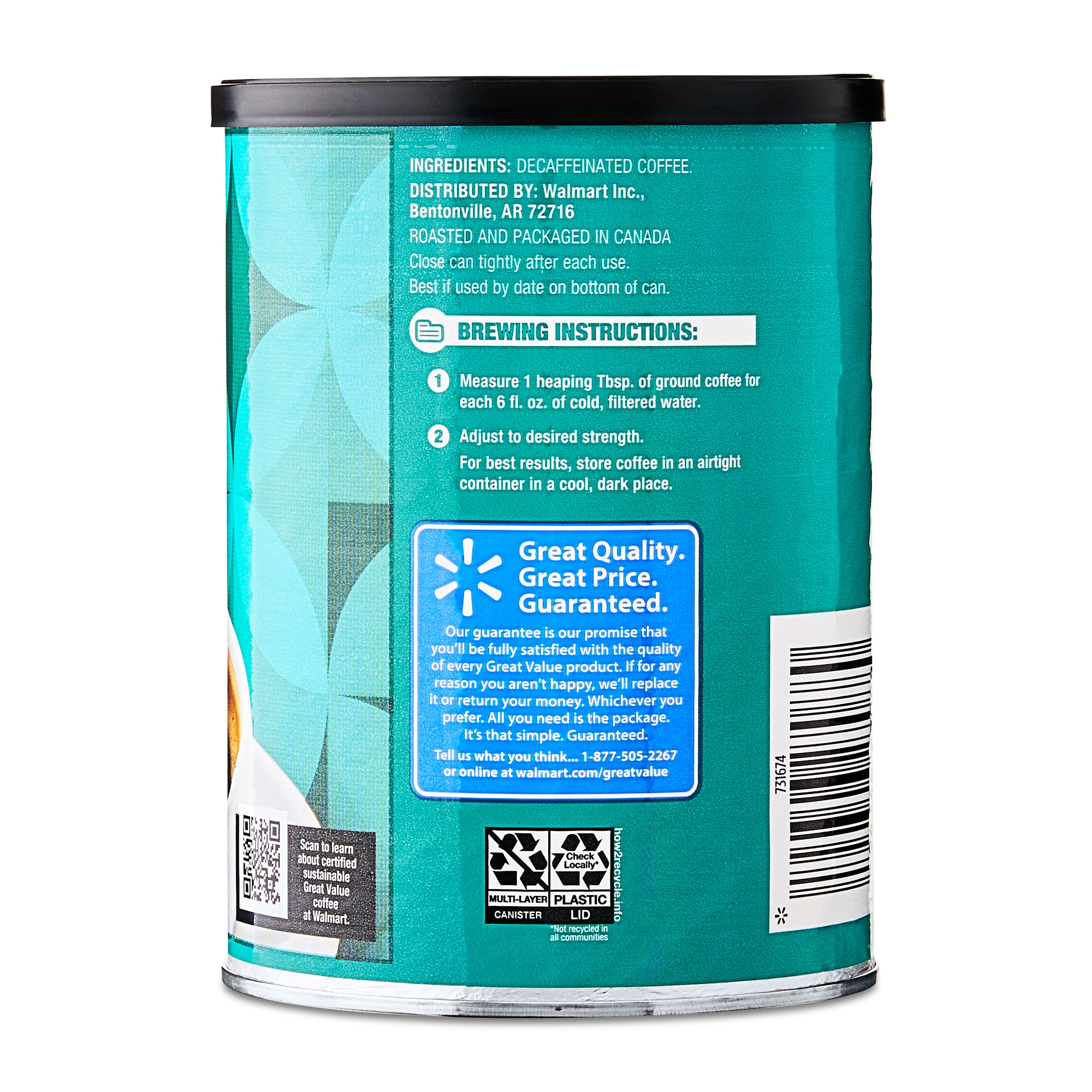 (6 pack) Great Value Decaf Classic Medium Roast Ground Coffee, 9.6 oz