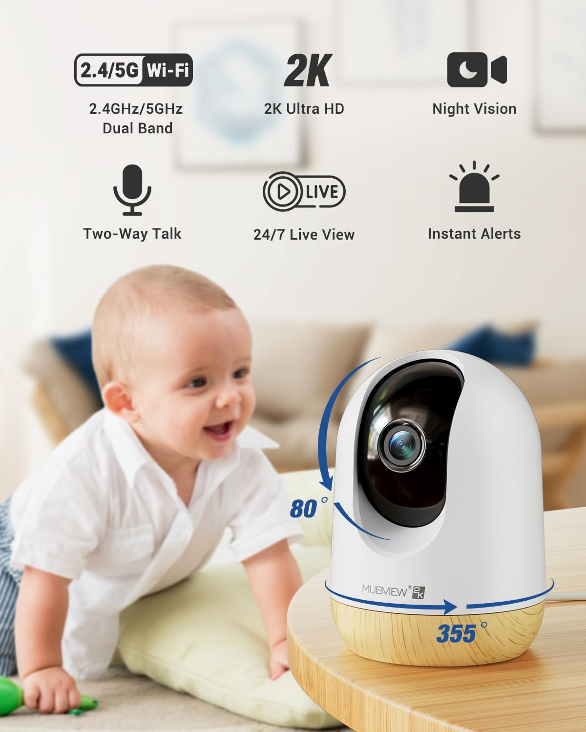 General 5G WiFi Indoor Security Camera No Subscription, Pet Camera with Phone App, Baby Monitor WiFi Smartphone, 2K Night Vision Pan-Tilt Dog Cam, Auto Tracking, 2-Way Audio, SD or Cloud Storage