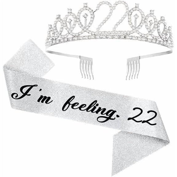 Happy 22nd Birthday Sash, Silver Tiara and Party Favors - 'I'm Feeling 22' Sash, 22 Crown, Silver Decorations for Girls' Party
