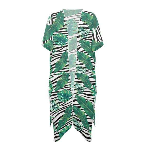 HELLHERO Tropical Leaf & Zebra Stripe Kimono Cover Up - Lightweight Breathable Beachwear for Women, Perfect for Pool, Resort & Vacation Getaways