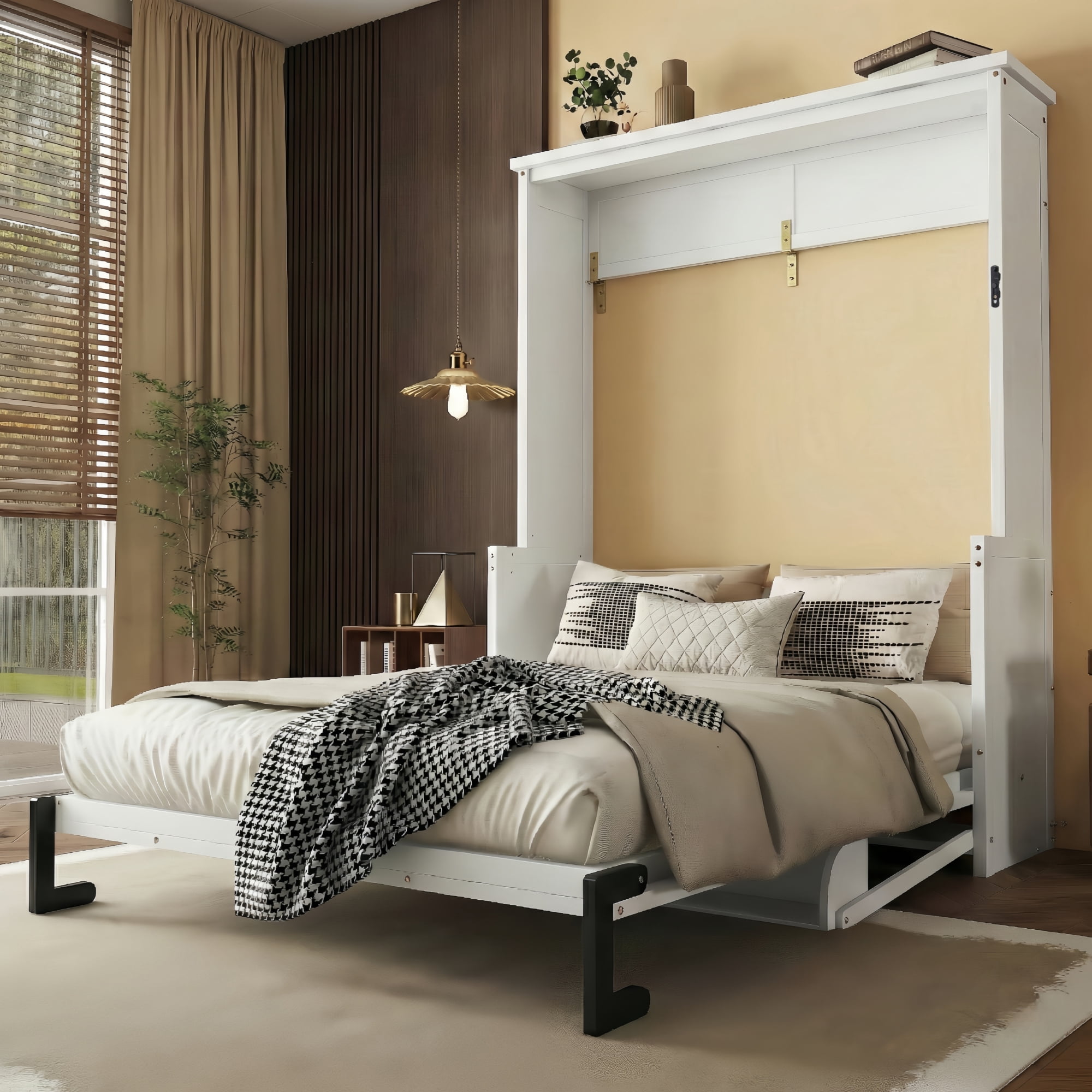 Mintazer Queen Size Foldable Murphy Bed with Shelf, Wall Cabinet Bed for Living Room Bedroom Apartment, White
