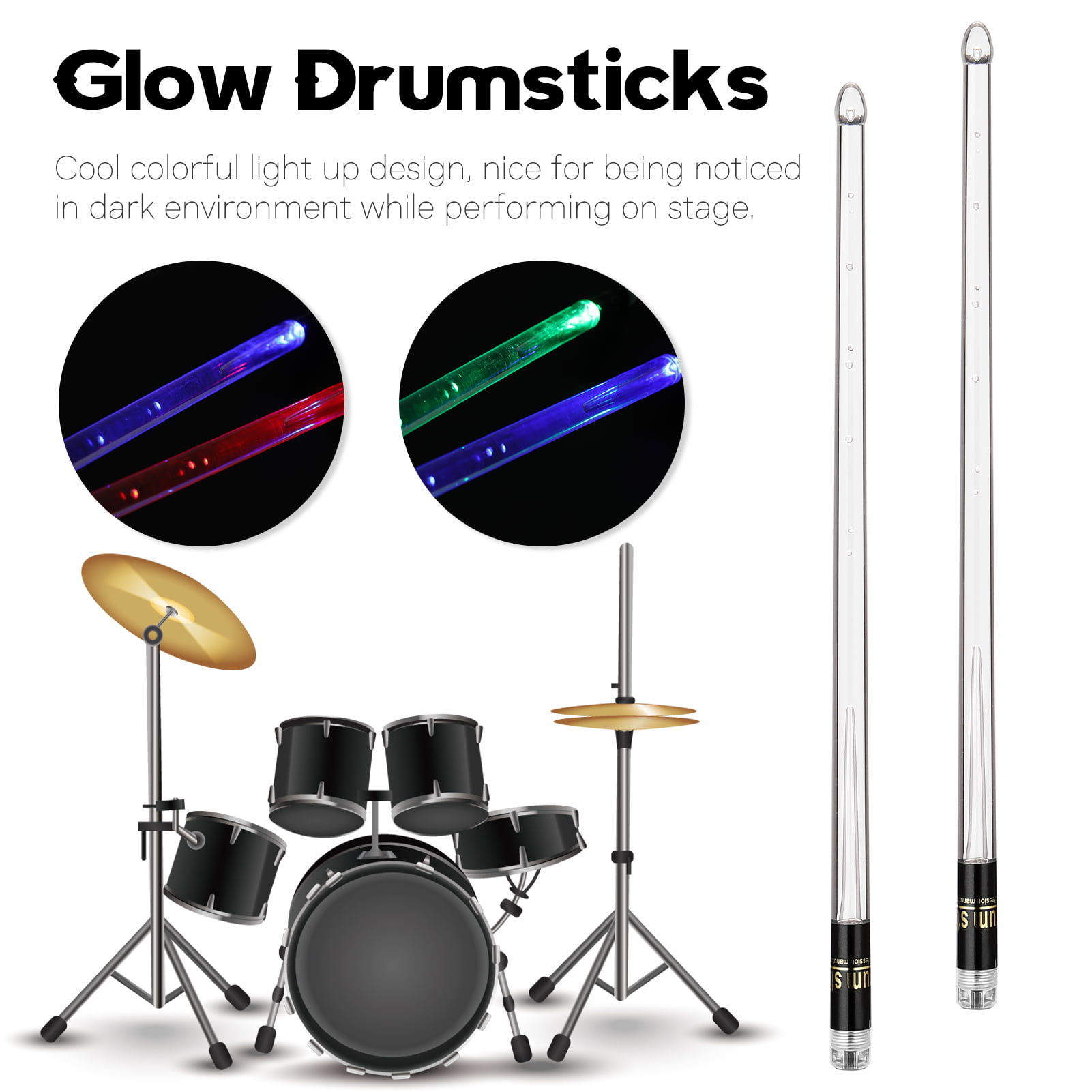 2pcs Colorful LED Drum Sticks Light-Up Percussion Drumsticks Musical/Instruments 