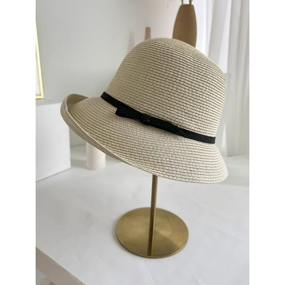 SikaFu Japanese Elegant Curled Bow Straw Hat, Beach Vacation Sunshade Hat, Foldable Beach Hat, Summer Sunscreen Cool Hat