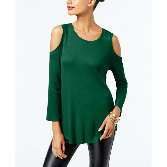 I.N.C Womens Cold Shoulder Basic T-Shirt, Green, Small
