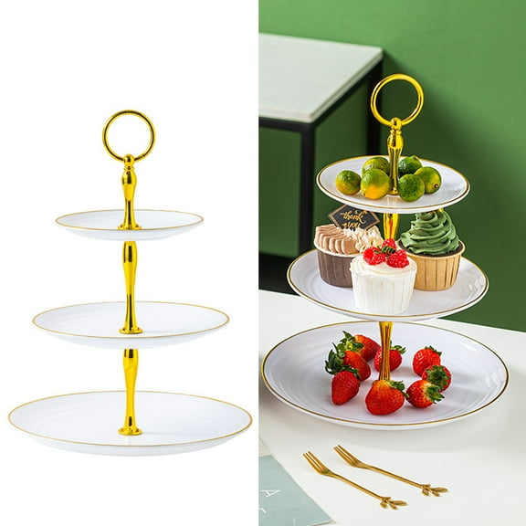 Trayknick Golden Edged 3 Tier Cupcake Stand Holder - Cup Cake Dessert Tower Plastic Tiered Serving Tray, Metal Rod Baby Shower Wedding Birthday Party Decoration