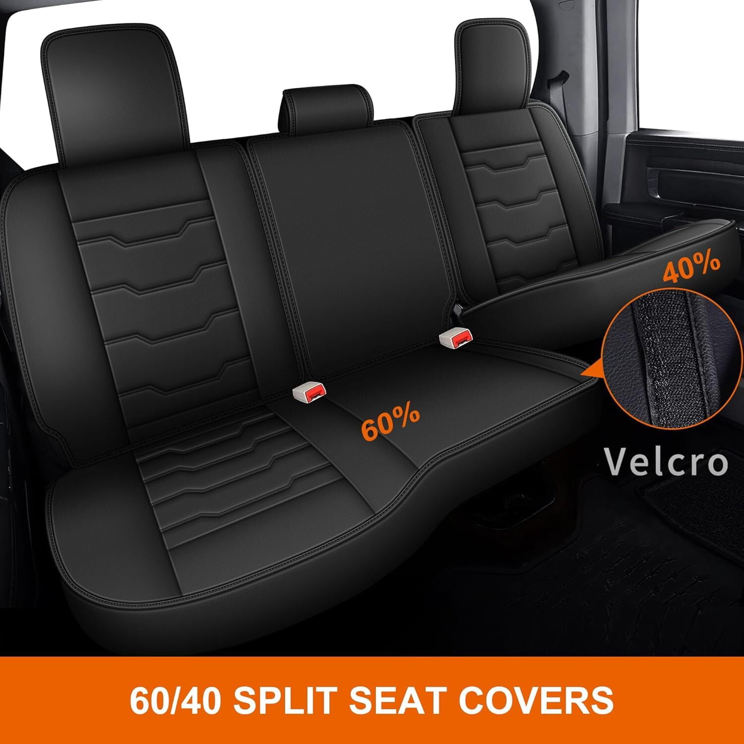 Custom Seat Covers Fit for Dodge RAM 2002-2024 2025 2026: Leather Car Seat Covers Waterproof for RAM 1500 2500 3500 Truck Pickup Crew Quad Cab with Split Bench (Black, Full Set Curved Back)
