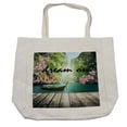 thumbnail image 1 of Saying Shopping Bag, Floral Dream on Lettering with Pier and Boat in Paradise Nature Landscape Scene, Eco-Friendly Reusable Bag for Groceries Beach and More, 15.5" X 14.5", Cream, by Ambesonne, 1 of 2