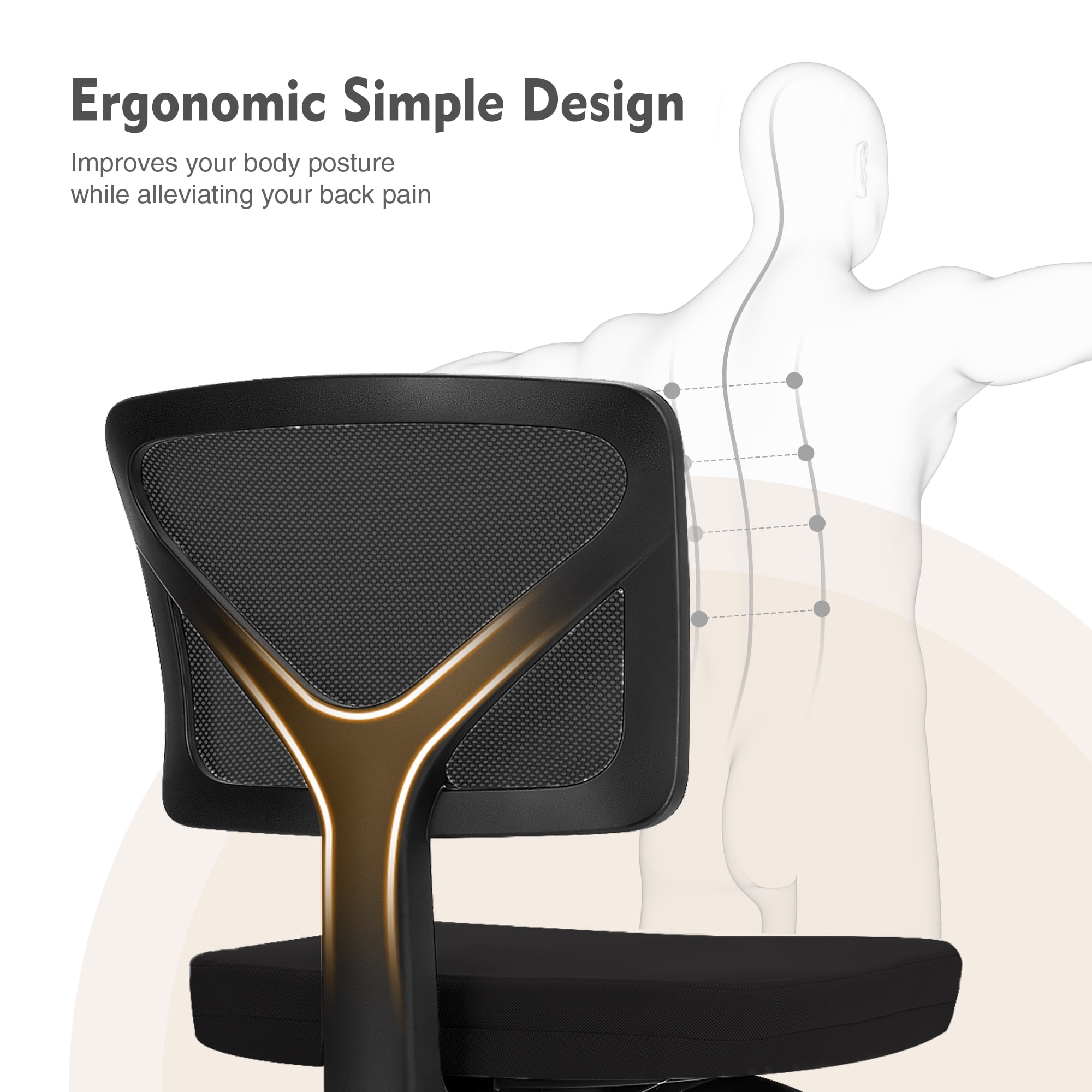 JOINSUN Armless Desk Mesh Office Chair, Adjustable Height Ergonomic Low Back Vanity Task Desk Chair with Wheels,Black