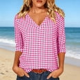 thumbnail image 2 of VBVC Women's Gingham 3/4 Sleeve V-Neck Top , Ladies' Lightweight Work Office Blouse , Plaid Summer Shirts For Women,Hot Pink,S-2XL, 2 of 8