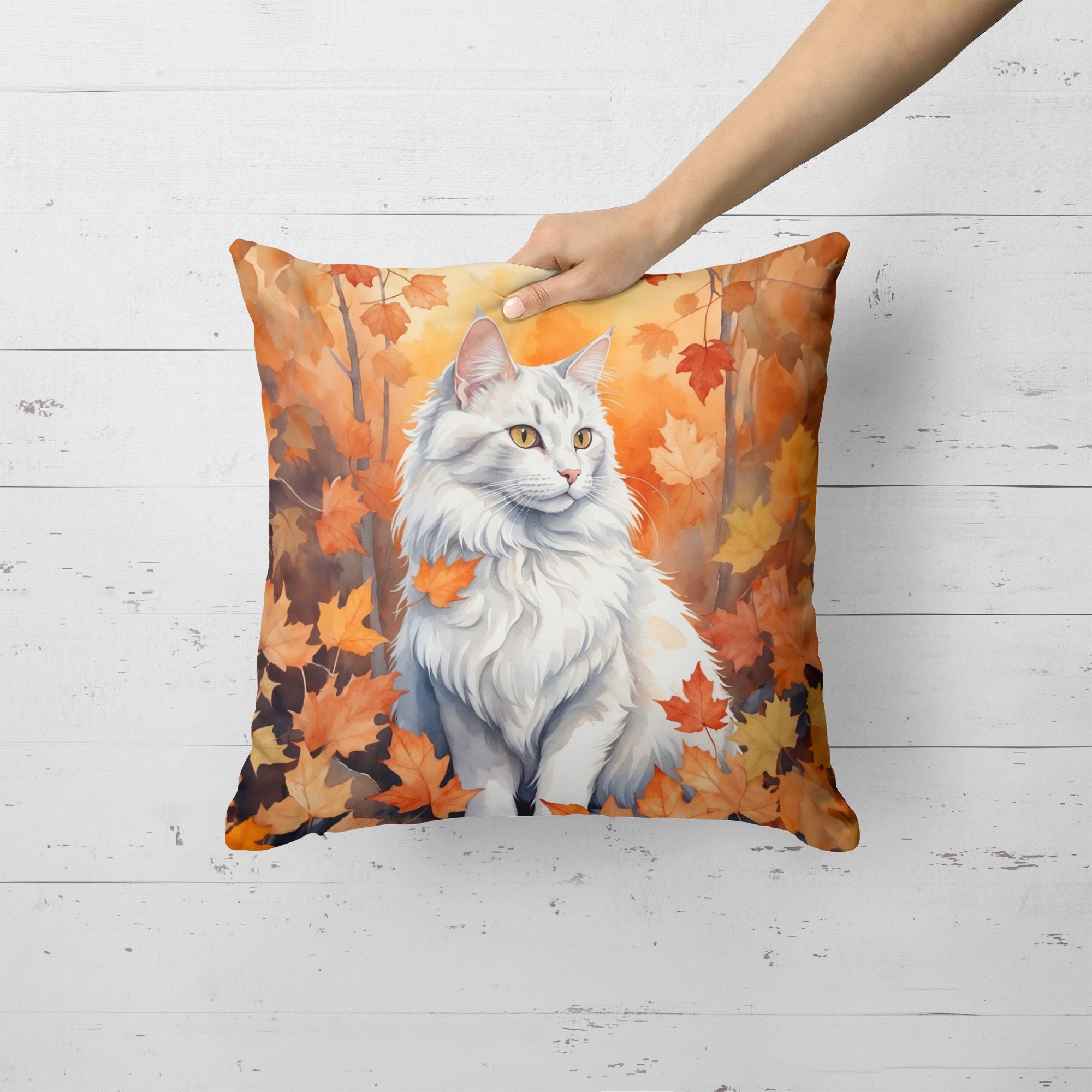 Turkish Angora Cat in Fall Leaves Throw Pillow Machine Washable  Indoor Outdoor Decorative Pillow for Couch  Bed or Patio  18Hx18W
