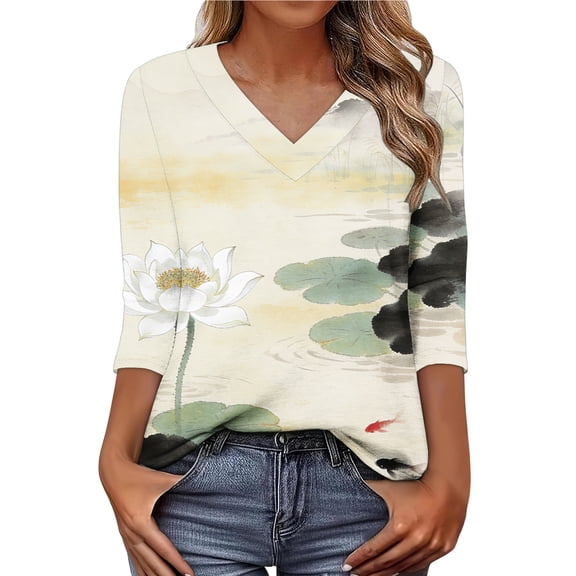 3/4 Sleeve Blouses for Women Summer,3/4 Length Sleeve Womens Tops V Neck Three Quarter T Shirts Spring 2026 Dressy Casual Blouses