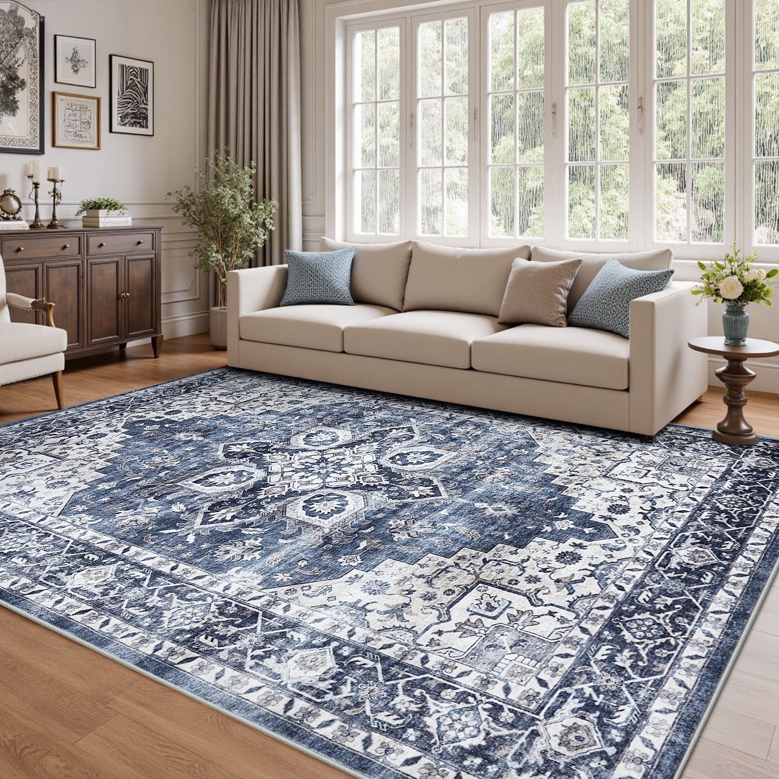 CHITOOMA 9'x12' Area Rugs for Living Room, Machine Washable Rugs Vintage Area Rug for Bedroom Dining Room Dorm Office with Non-Slip Backing, Stain Resistant Non-Shed Carpet