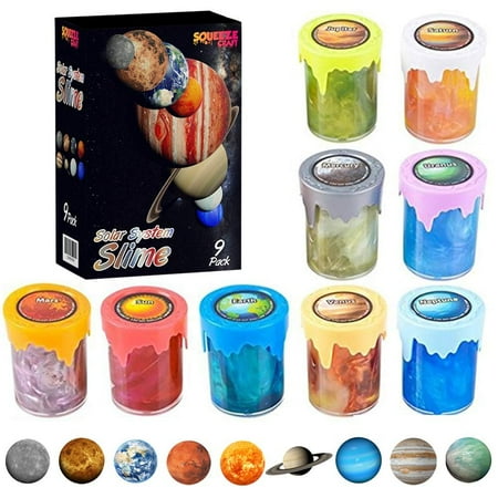 Squeeze Craft Solar System Slime - Pack of 9 Colorful Galaxy Sludgy Gooey Fidget Kit for Sensory and Tactile Stimulation, Stress Relief, Gift Prize, Party Favor, Educational Game