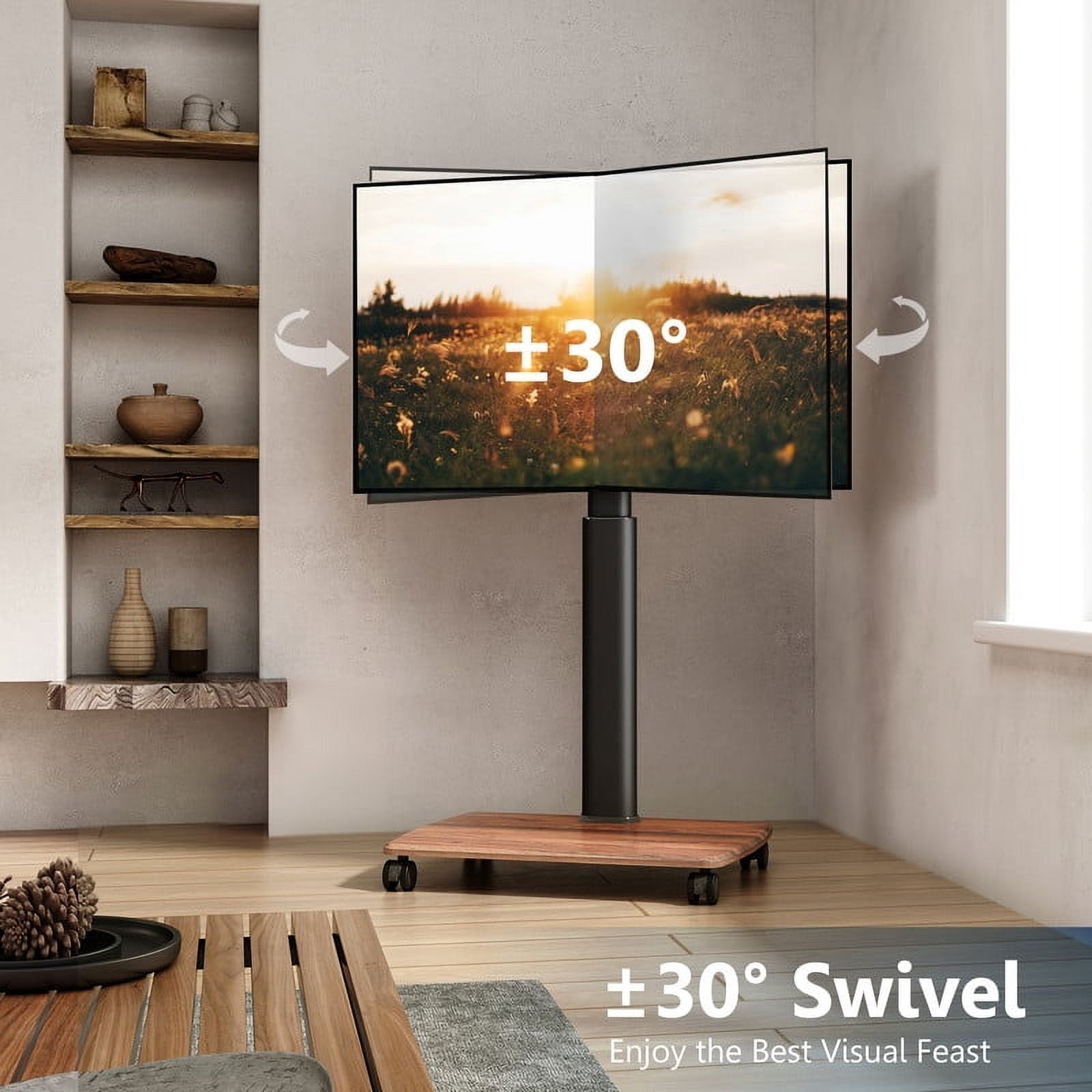 FITUEYES Rolling TV Floor Stand for 32 - 70 Inch TVs, Elegant Portable TV Stand with Upgraded 360° rotating wheels,Walnut