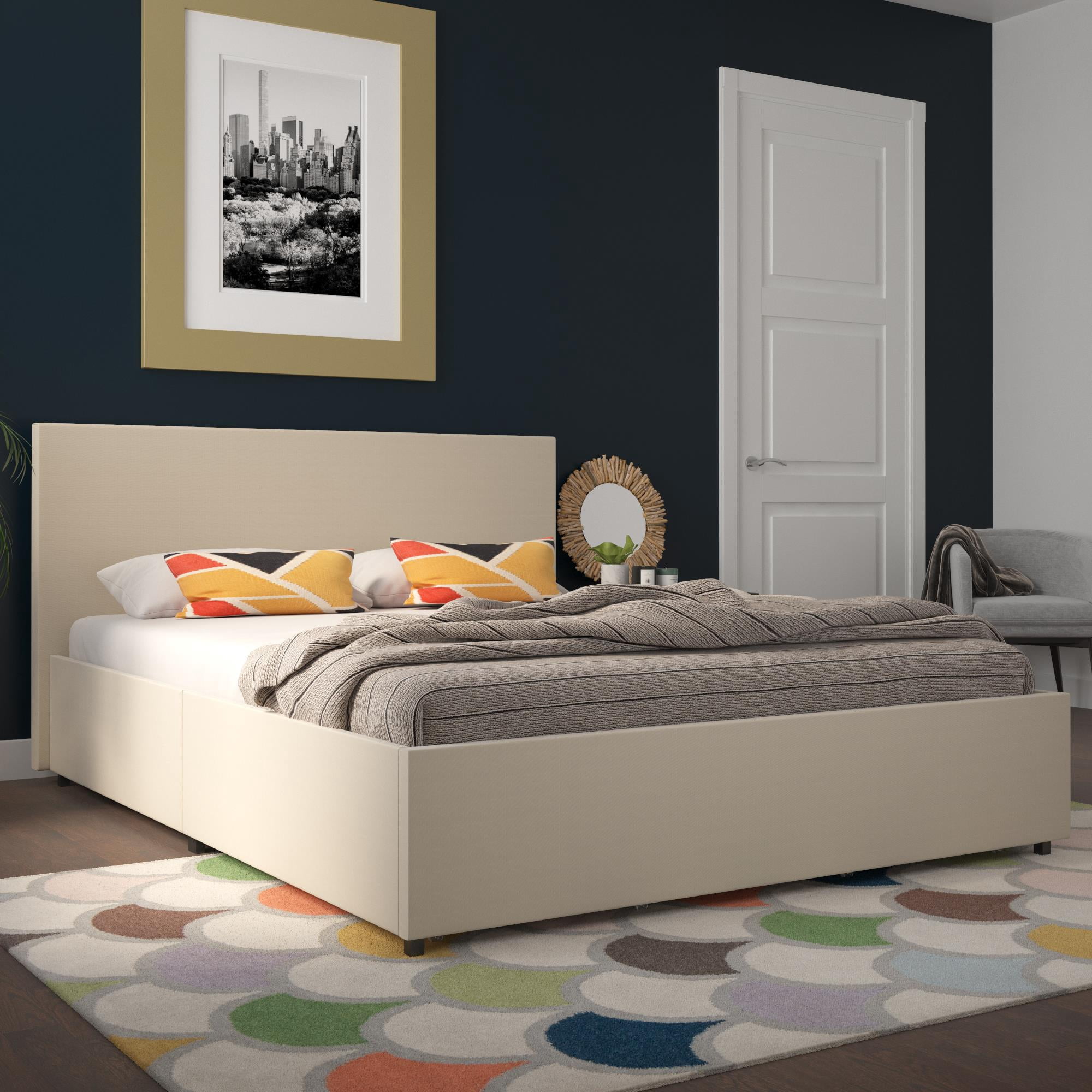 Novogratz Full Size Contemporary Linen Upholstered Beds, Ivory