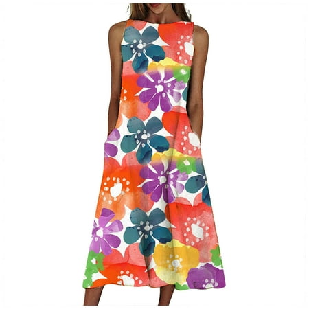

Floleo Women s Dress Discount Summer Sleeveless O-Neck Printing Pocket Plus Size Sleep Long Dresses Loose Dress Clearance