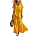 thumbnail image 2 of Women Linen Sets 2 Piece Outfits Short Sleeve Asymmetrical Shirt Split Wide Leg Pants 2026 Summer Trendy Boho Pant Suits,Yellow L, 2 of 8