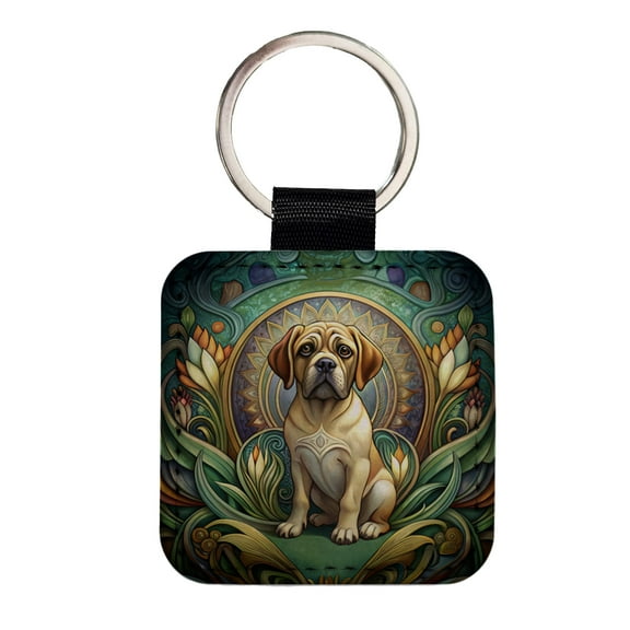 Puggle Dog Art Nouveau Faux Leather Square Keychain