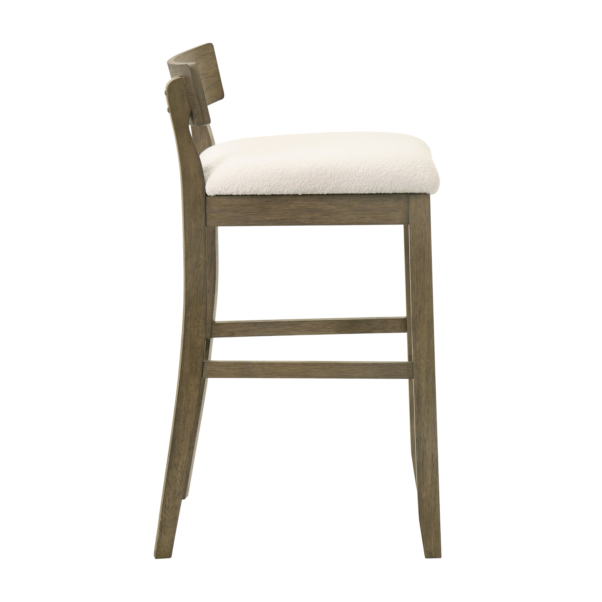 Merie Modern Transitional Wood Bar Height Kitchen Bar Stool in Putty Brown Finish with White Boucle Fabric Upholstered Seat