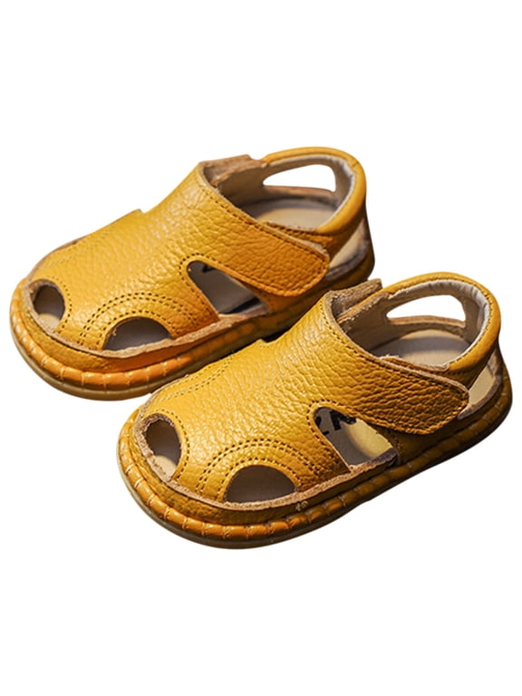 Barefoot Sandals Toddler Summer Baby Sandals Toddler Boy Shoes Soft Sole Leather Breathable Beach Shoes Boys Closed Toe Outdoor Casual Summer First Walkers Shoes Yellow 18-24 Months