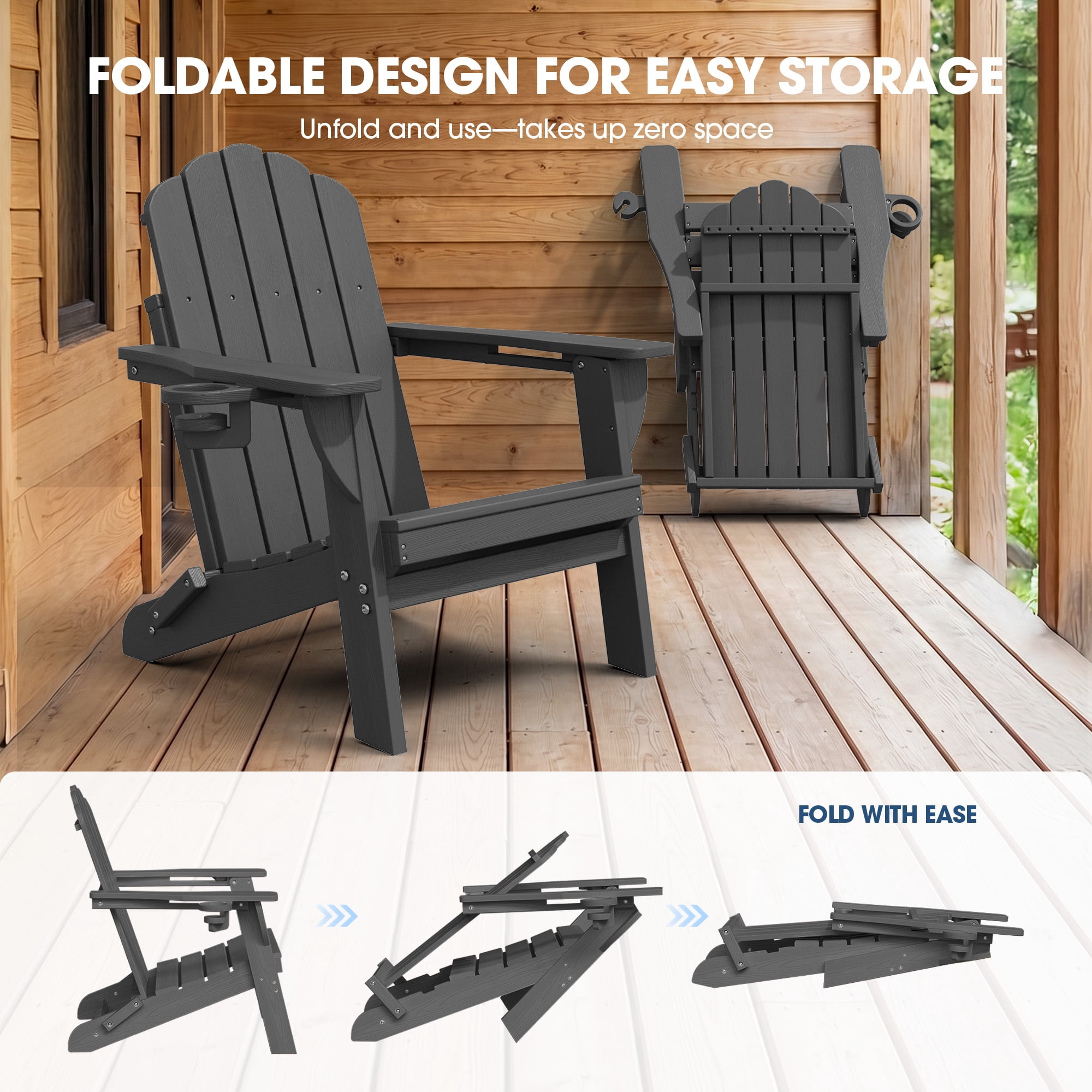 Folding Adirondack Chair, All-Weather HDPE Plastic Patio Fire Pit Chair, Gray