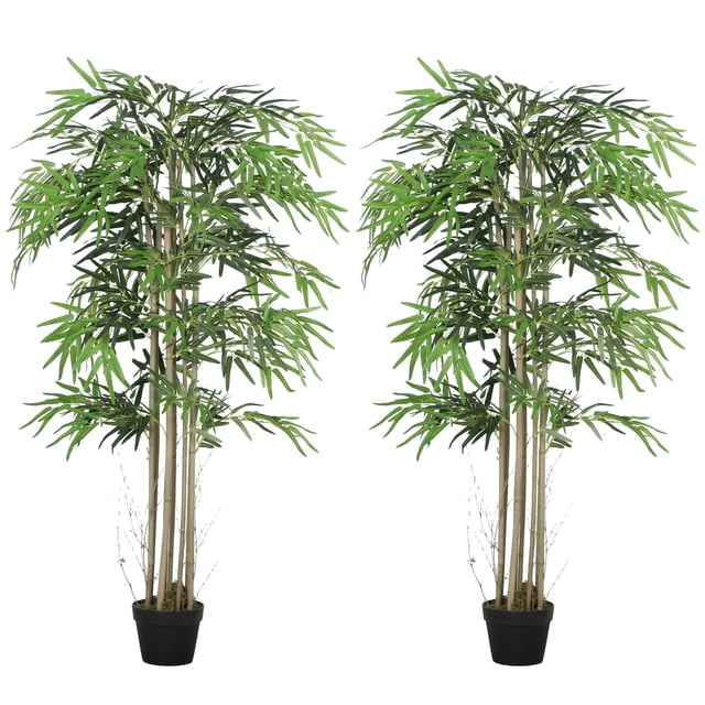 Outsunny 5FT Artificial Bamboo Tree Set of 2 in Pot with 1095 Leaves, Green