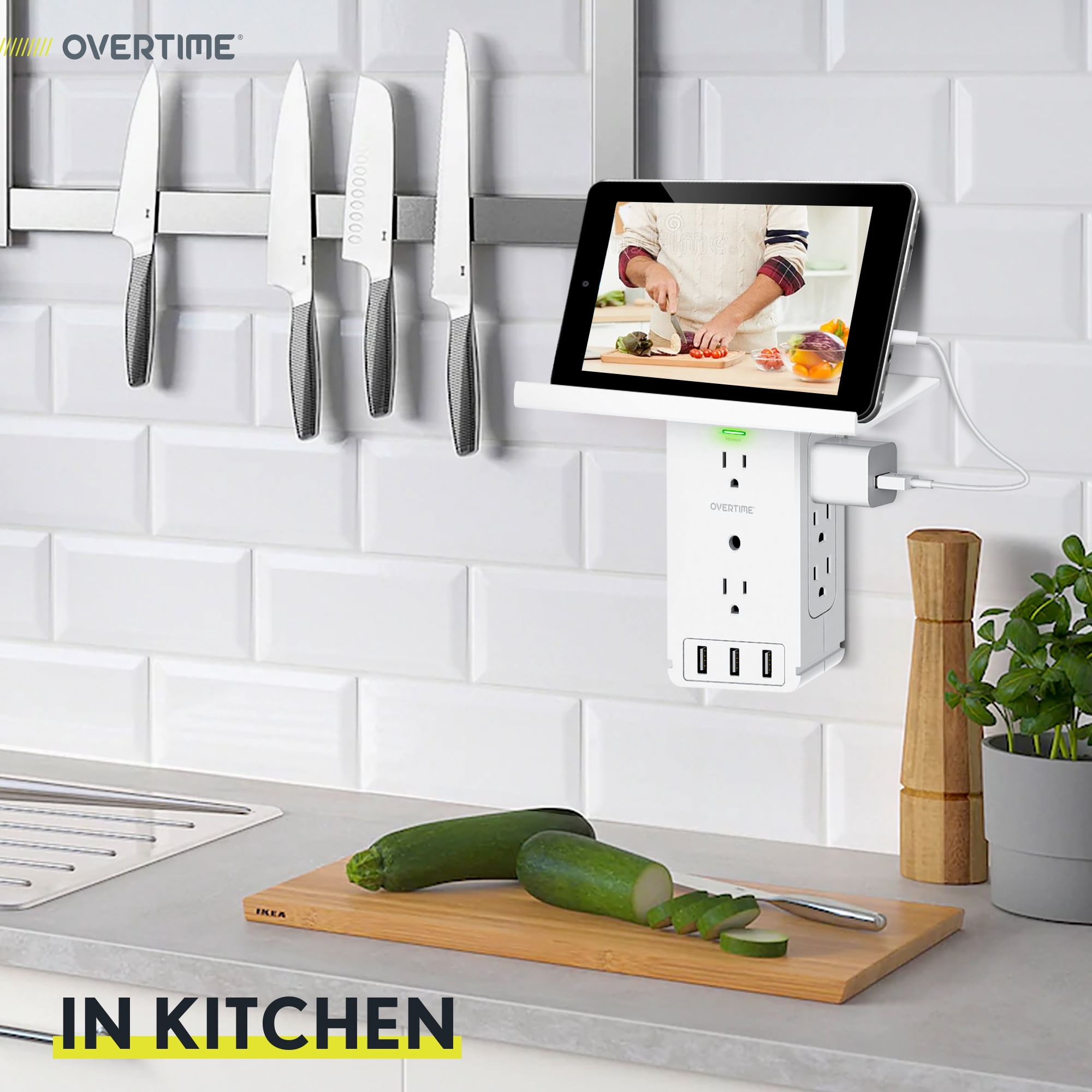 Overtime Outlet Extender, Outlet Splitter With 8 AC and 3 USB Outlets, Detachable Shelf, Multi-Plug Outlet Extender With Surge Protector for Home Appliances, Office, and Travel - White