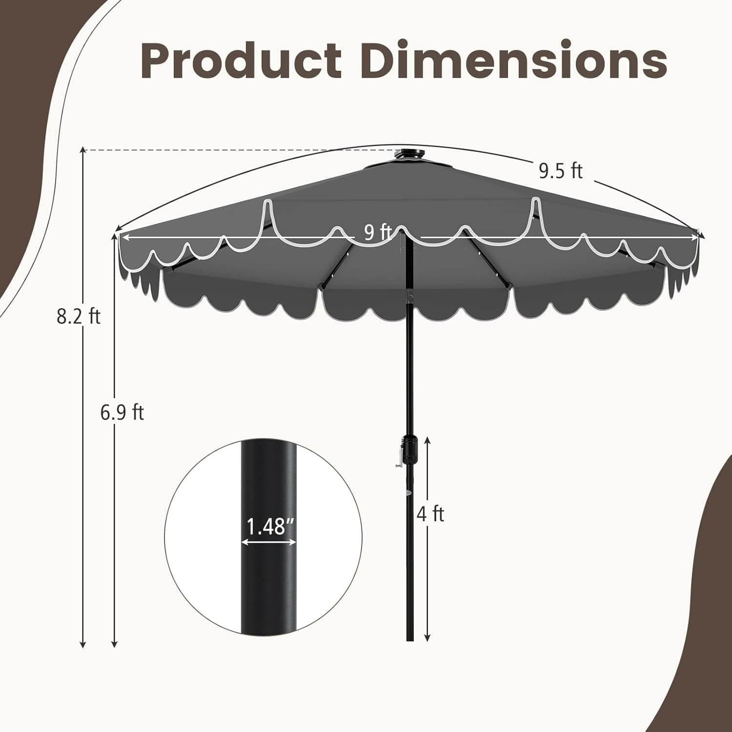 ZYPPP 9 FT Solar Patio Umbrella, 2-Tiers Scalloped Outdoor Table Market Umbrella with 32 LED Lights, Vented Top, Tilt Adjustment, Crank, 8 Ribs for Backyard Poolside Deck Beach Lawn (Gray)