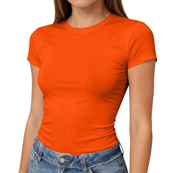 Womens Short Sleeve T Shirts - Summer Tops Slim Fit Y2k Basic Workout Tee Orange XL